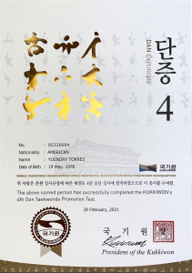 Yoendry Torres 4th Dan Taekwondo Kukkiwon